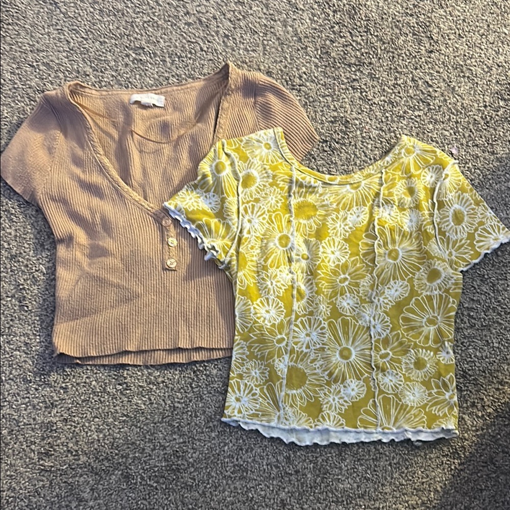 SO Brown and Yellow Fitted Crop Top Short Sleeve